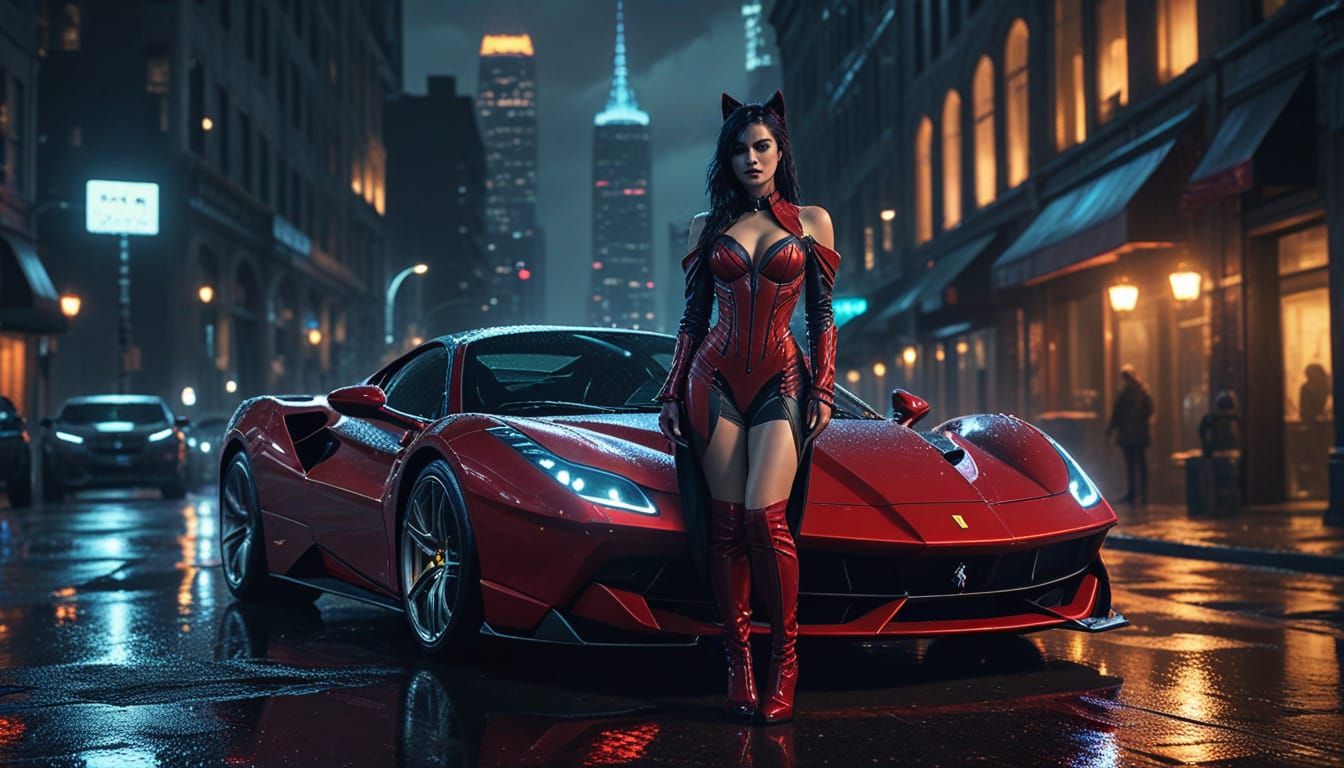 Ahri in Gotham with Ferrari, Dark Vibrant Colors