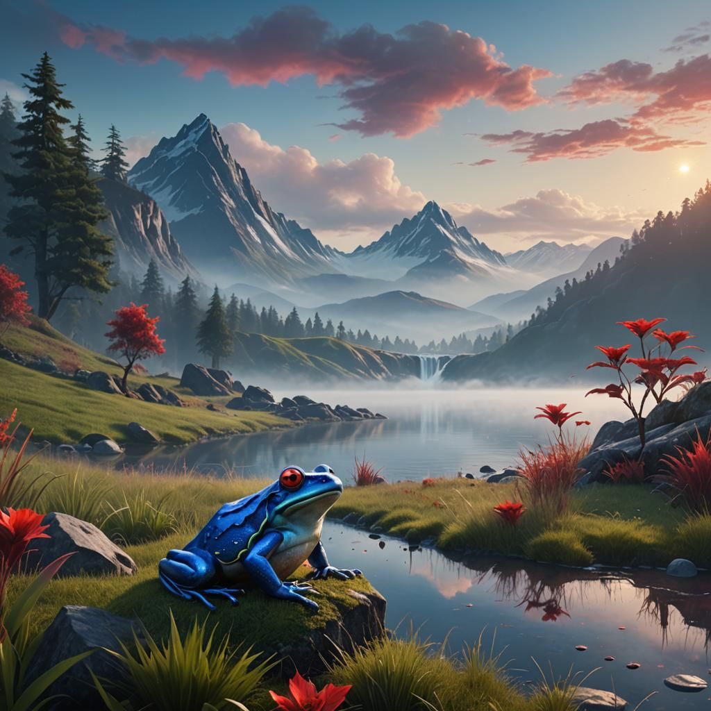 Blue Frog Overlooks Misty Lake in Matte Painting Style