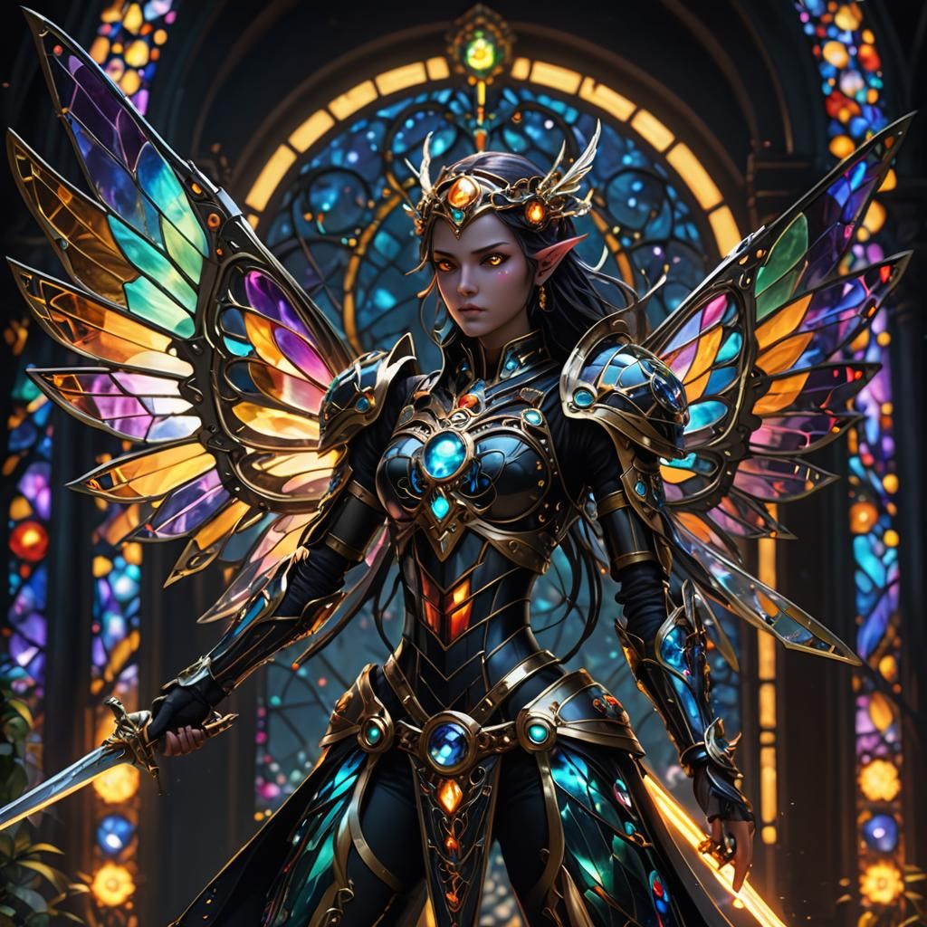 Mechanical Fairy with Ethereal Swords in Aetherpunk Style