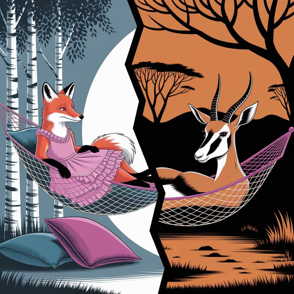 Folk Art Style Fox and Springbok in Hammocks