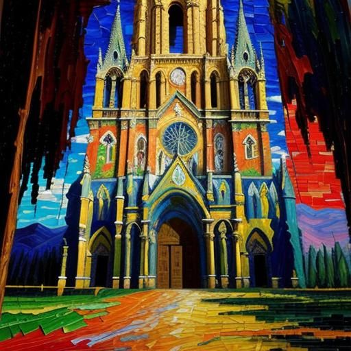 Majestic Cathedral in Expressionist Mosaic Landscape