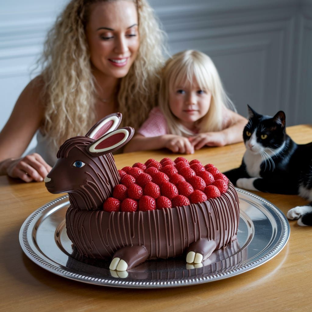 Easter Lamb in Chocolate with Fresh Strawberries on a Wooden...