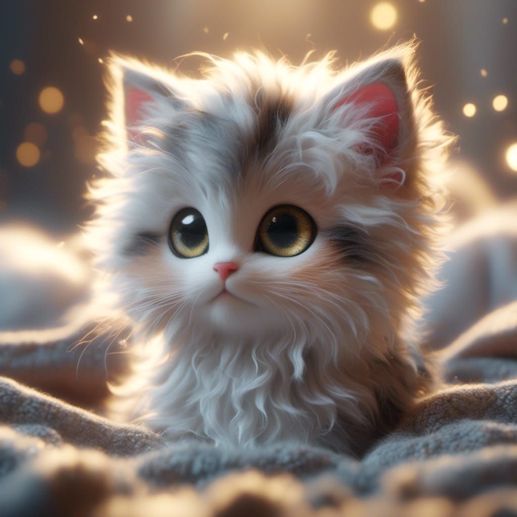 Fluffy White Kitten with Yellow Eyes, Digital Art