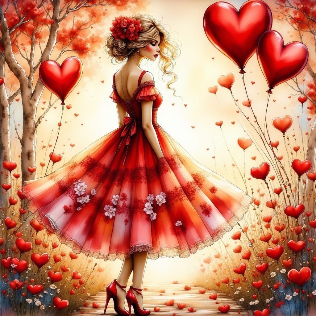 Woman in Red Dress with Heart Balloon, Impasto Oil Painting