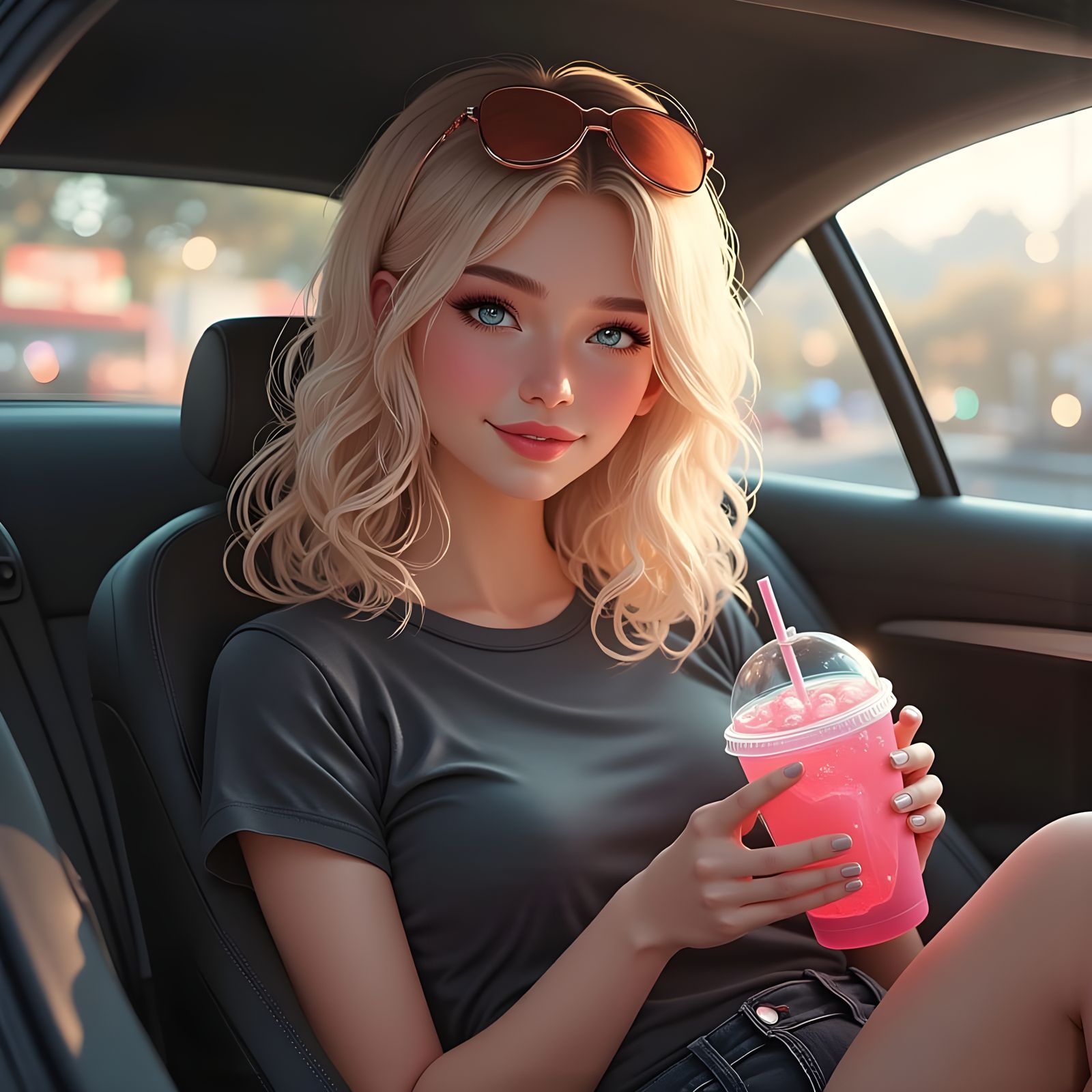 Sultry Woman Drives in Style with Vibrant Frappuccino