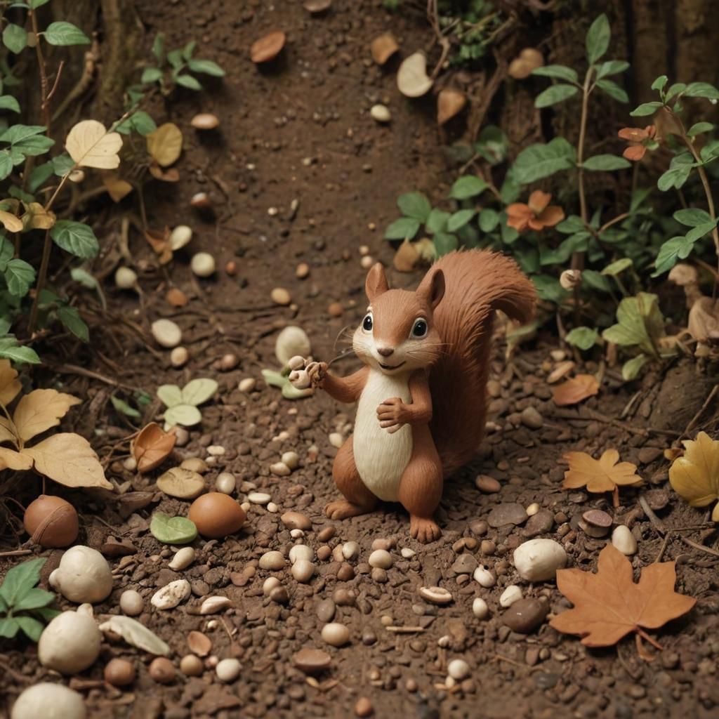 Claymation Squirrel Sorting Seeds in Forest