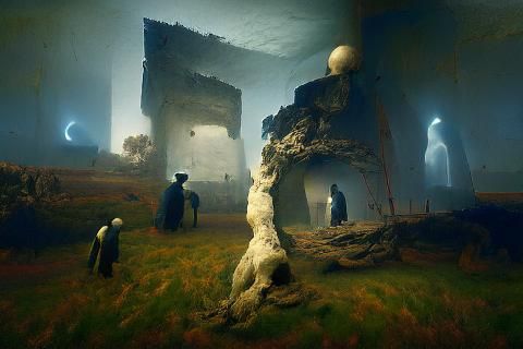 Ethereal Haunted Landscape with Ghostly Mist