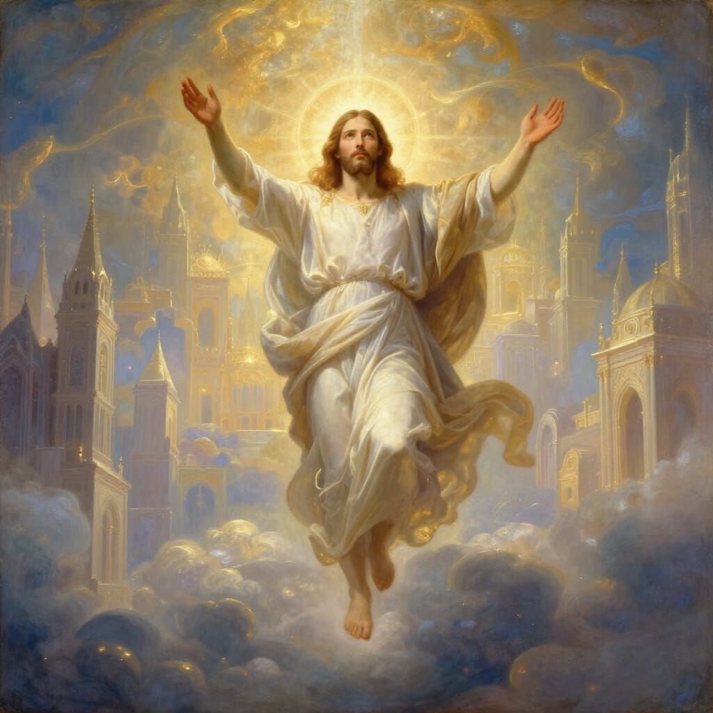 Jesus Ascending to Celestial City in Epic Oil Painting Style