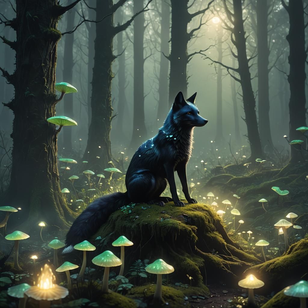 Black Fox in Iridescent Mushroom Forest