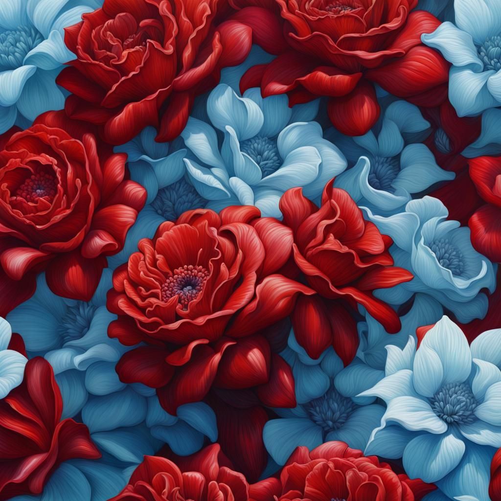 Hyperrealistic Bouquet of Red and Blue Flowers