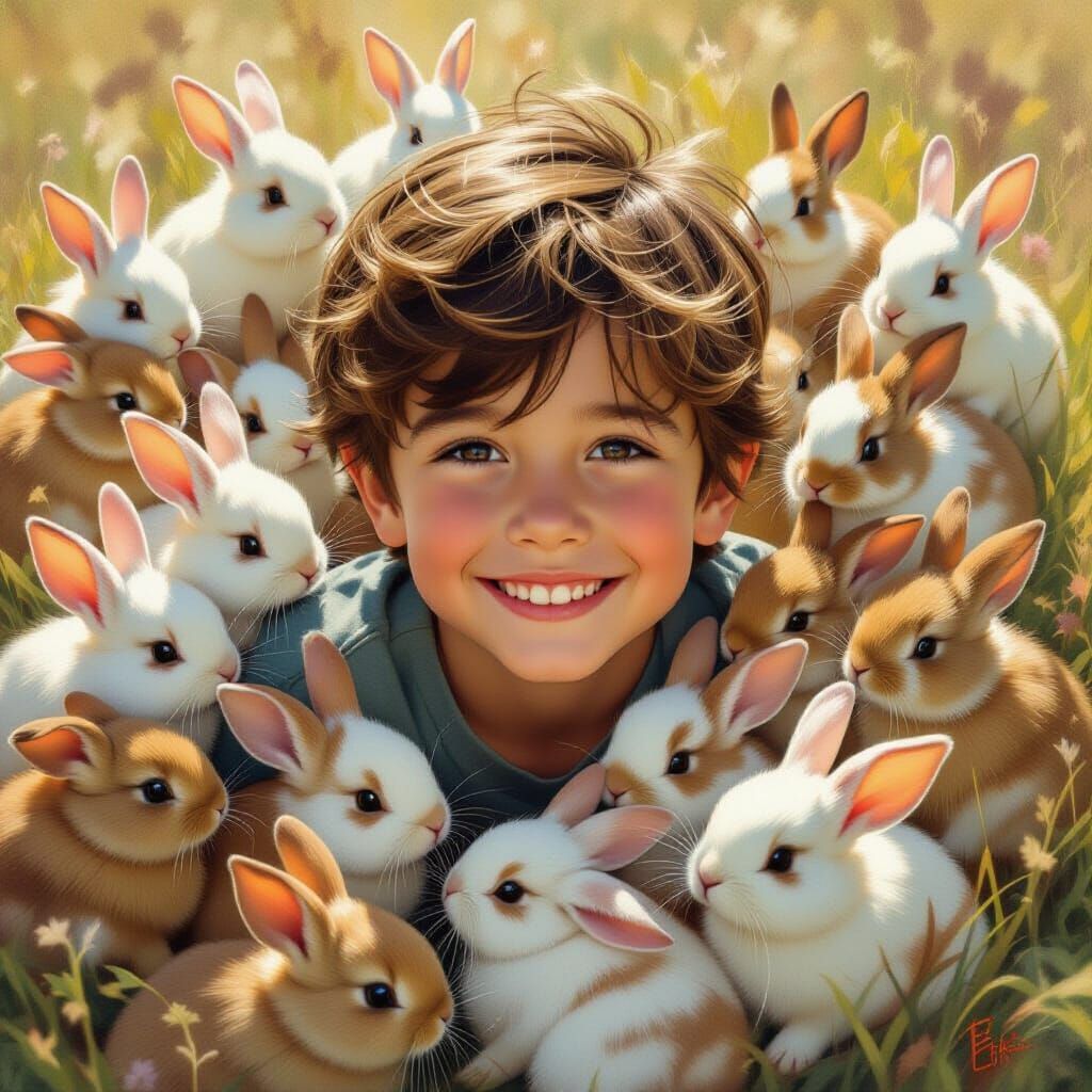 Boy's Joyful Encounter with Rabbits: A Realistic Rendering