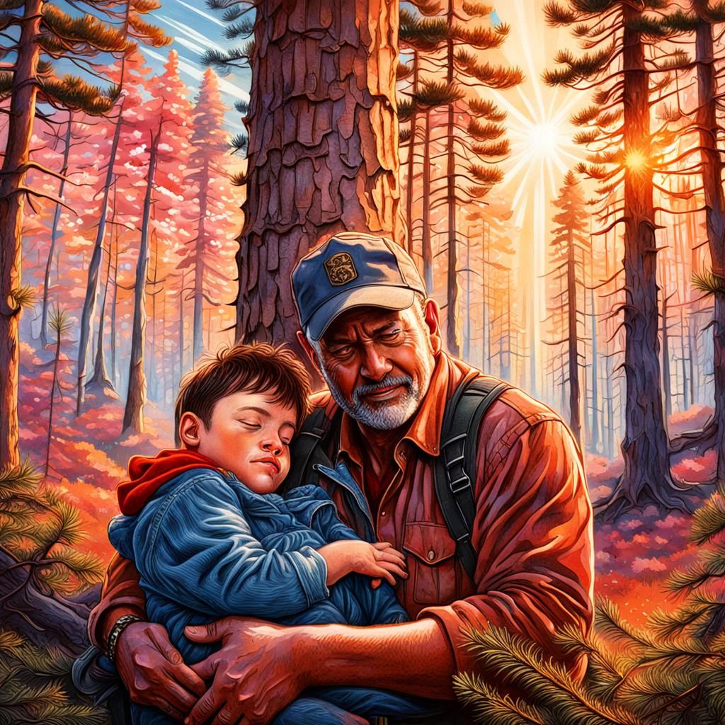 Father and Son Reunited in Sunlit Pine Forest