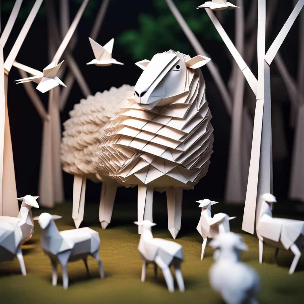 Giant Sheep in Forest: Origami Papercraft Style