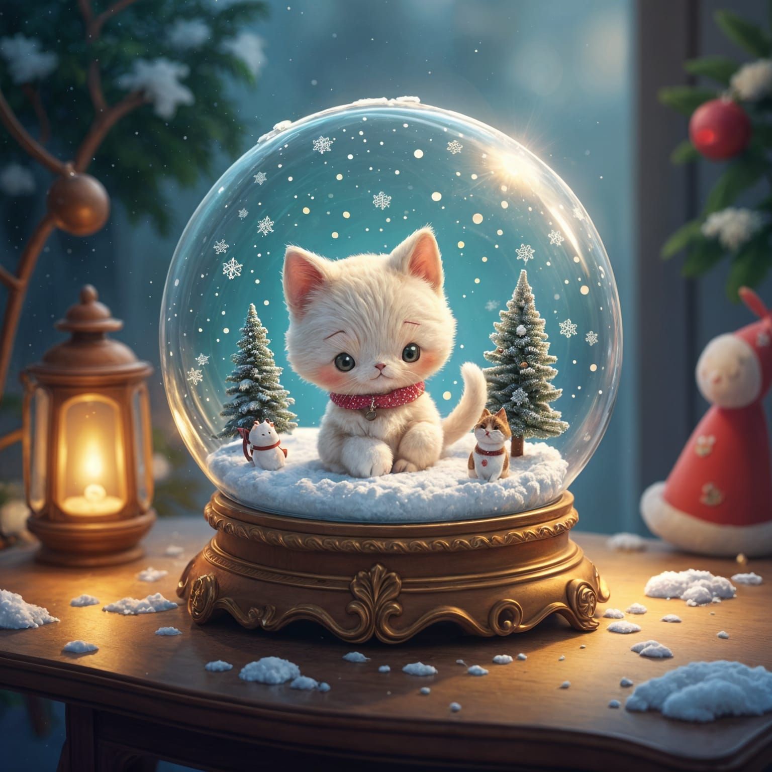 Chibi Cat in Snowglobe: Anime Cel-Shaded Art