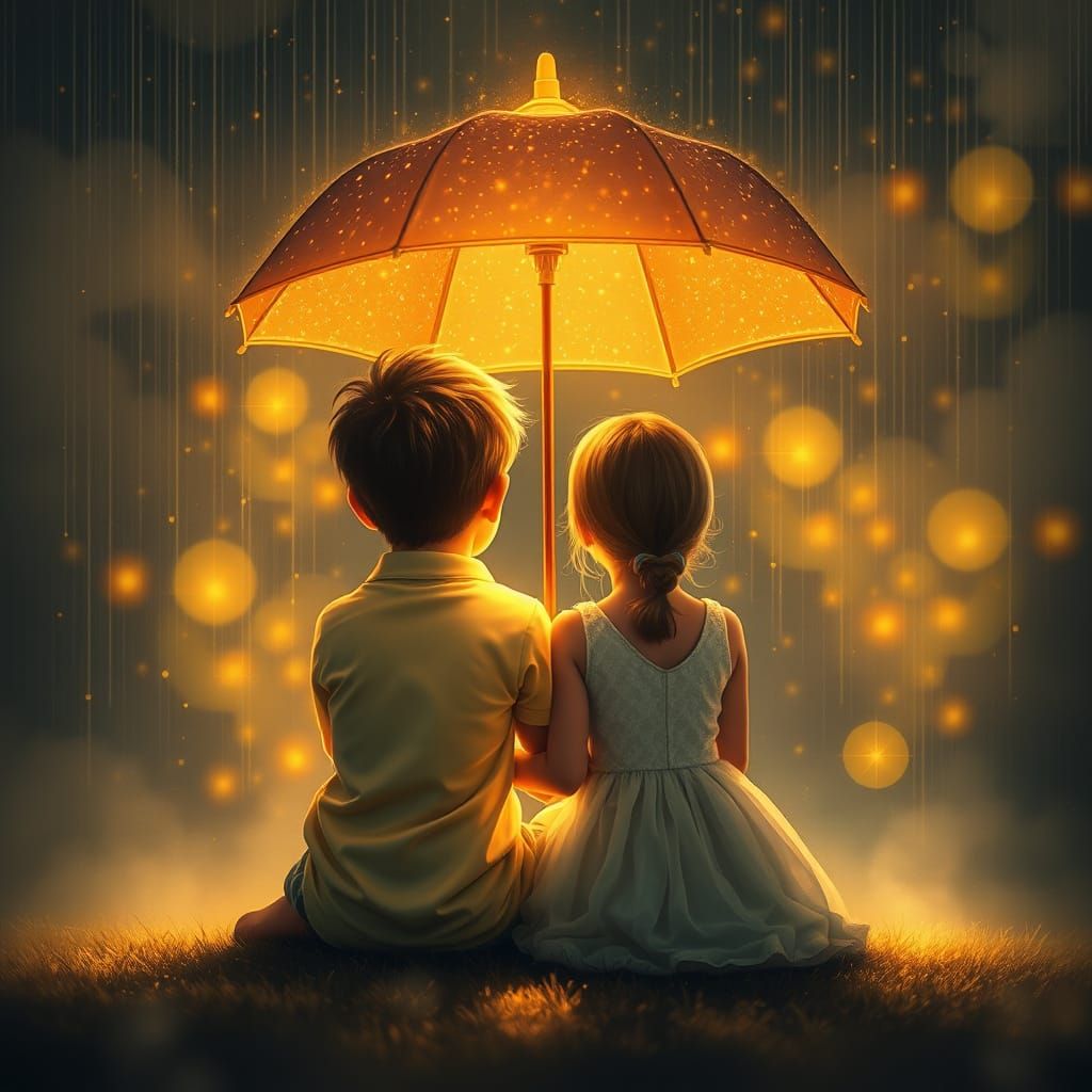 Dreamlike Duo Under Glowing Umbrella