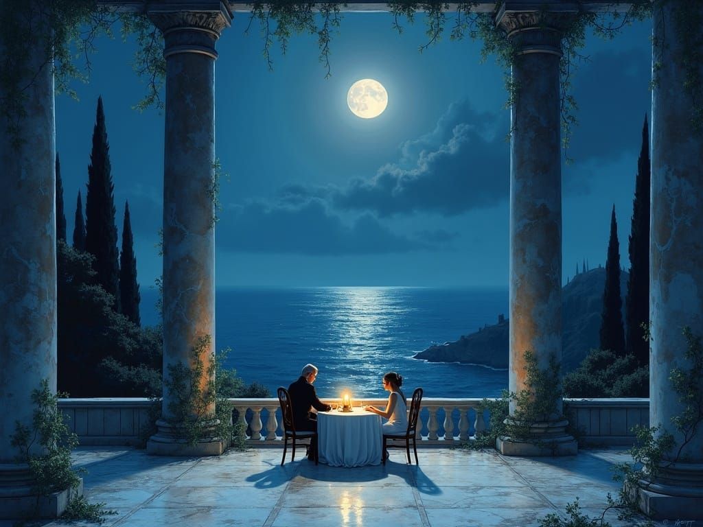 Moonlit Fantasy Terrace Overlooking Silver Sea