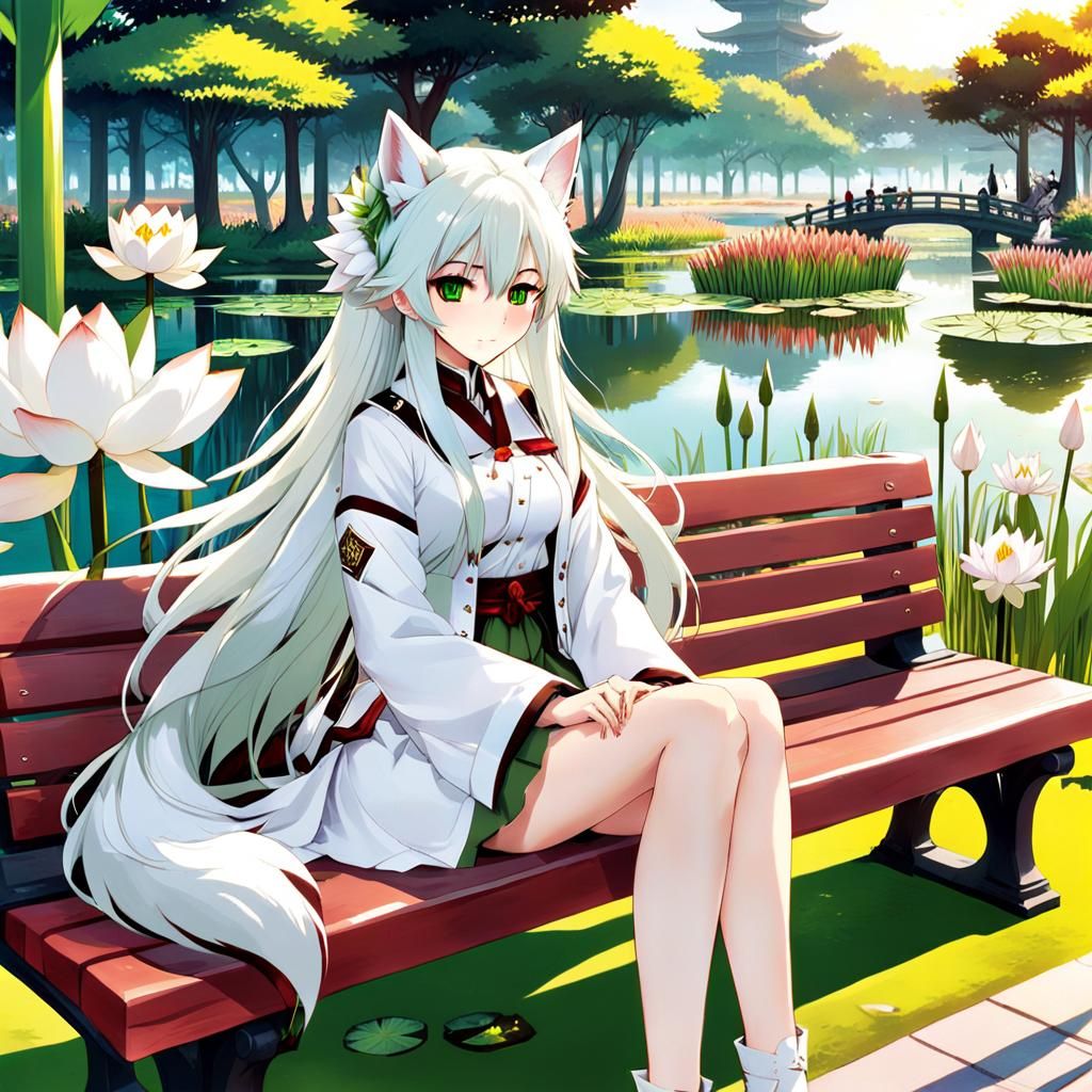 Anime Girl with Wolf Features in Park Scene