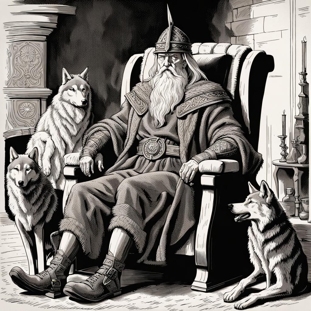 Odin Relaxes by the Fire With Wolves