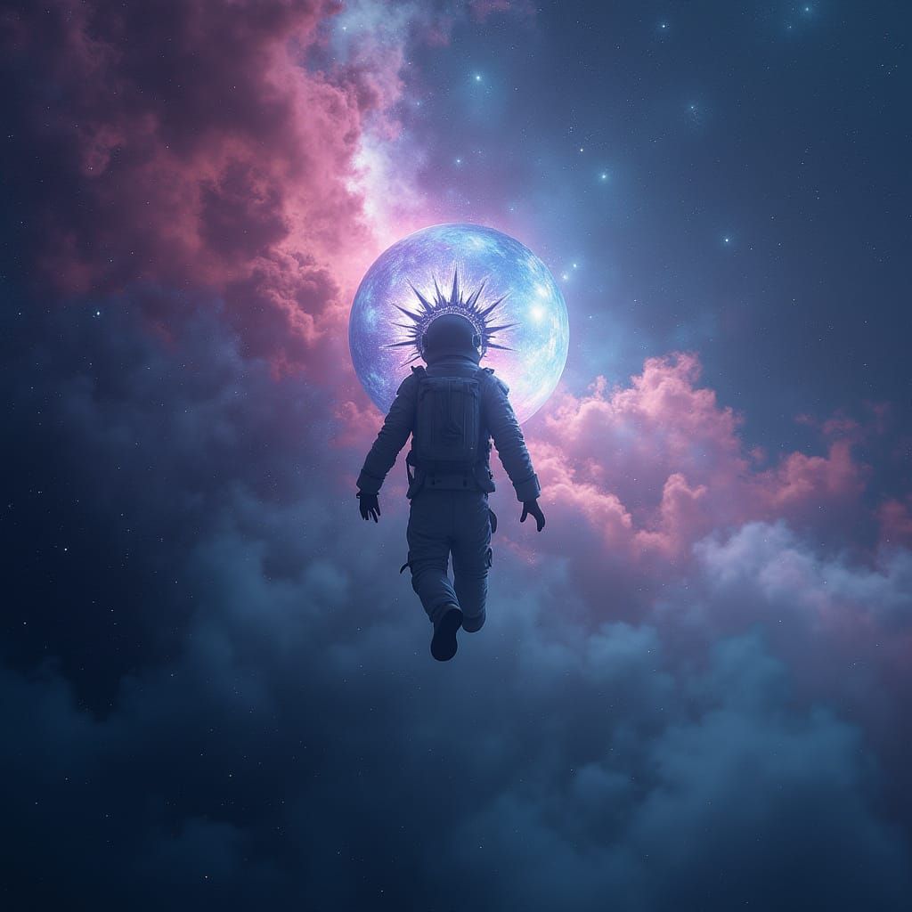 Astronaut with Crystal Crown in Cosmic Nebula