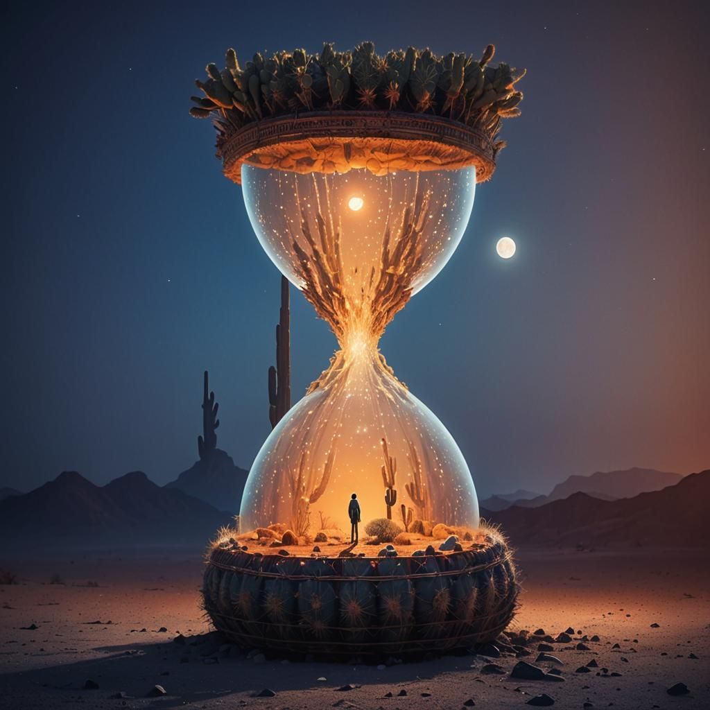 Lone Figure in Desert Landscape with Towering Cacti