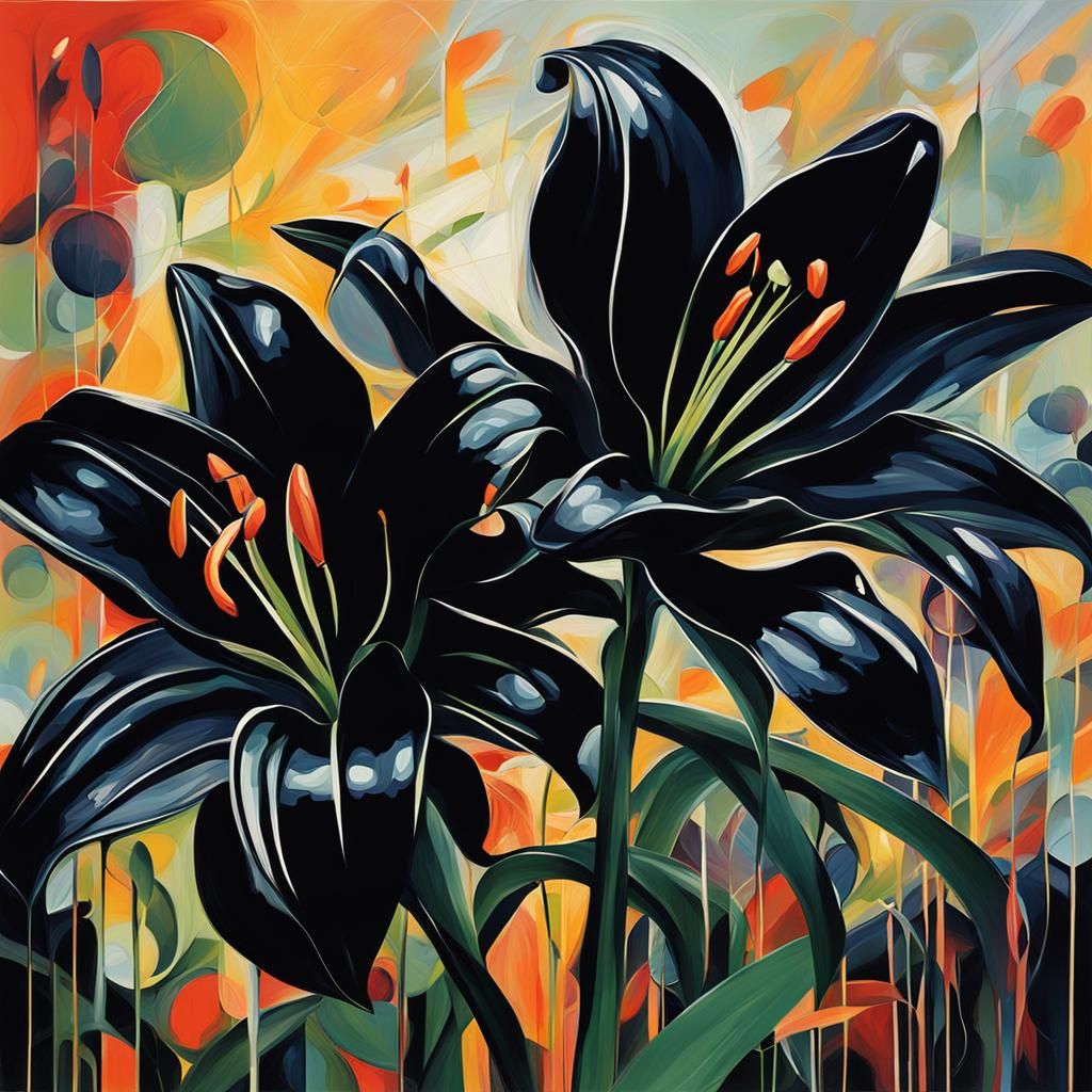 Abstract Glossy Black Lilies Art