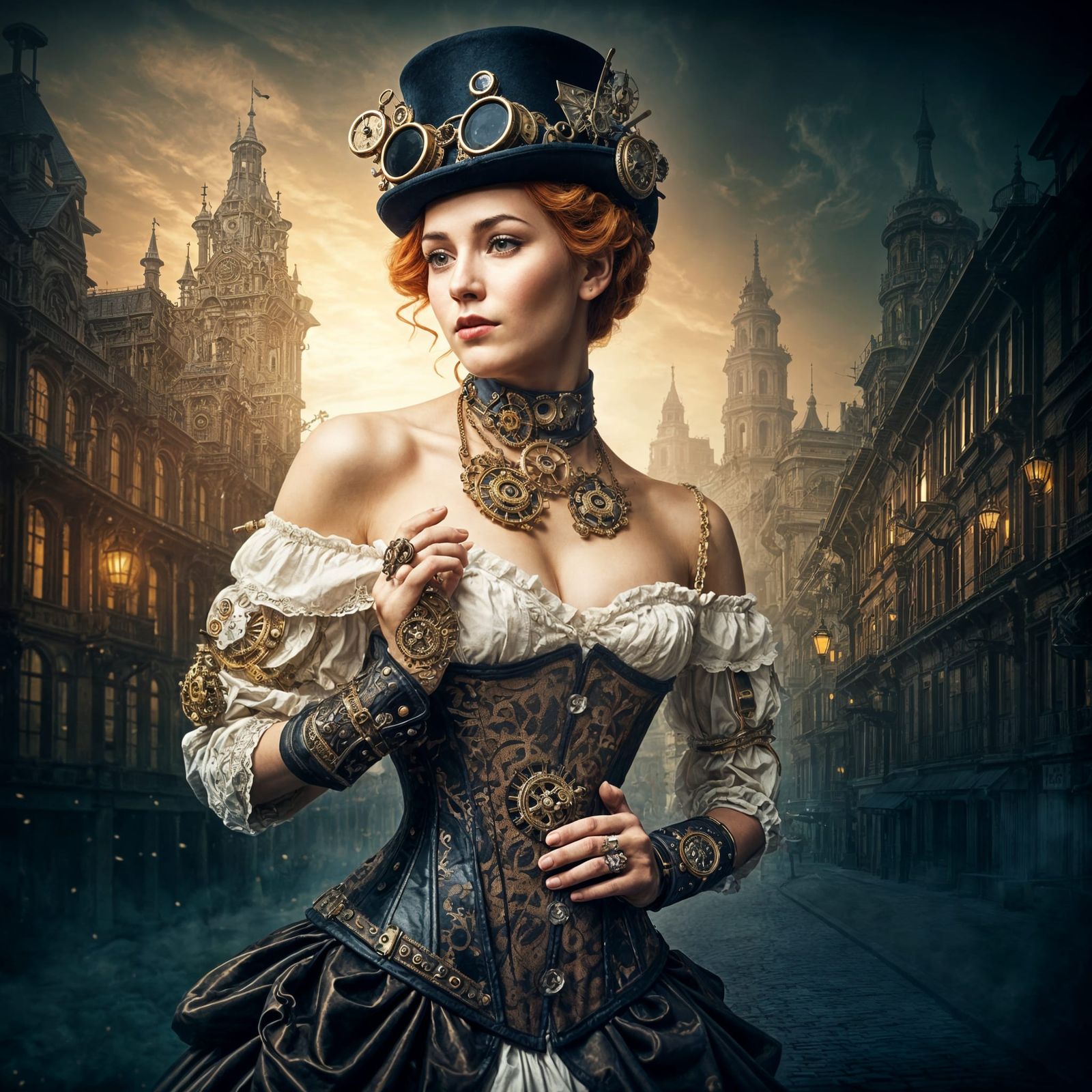 Steampunk Princess in Victorian Cityscape with Industrial El...