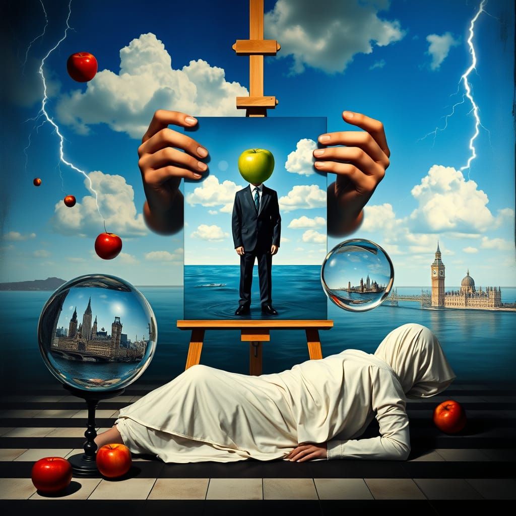 Surrealist Dreamscape with Floating Apple and Giant Hands