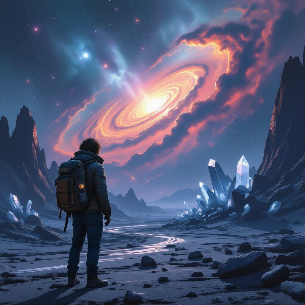 Hitchhiker Gazes at Nebula on Alien Planet