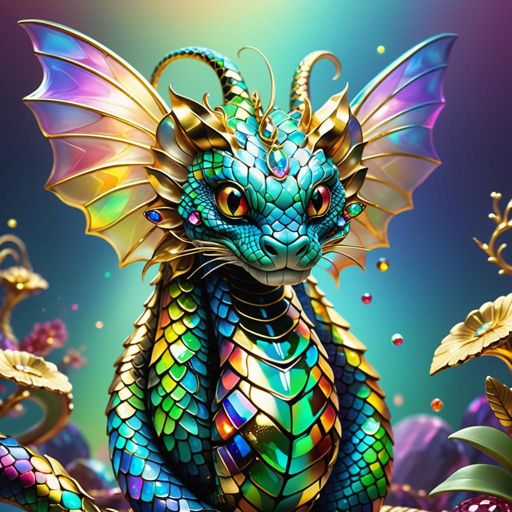 Gleaming Serpent with Opal Scales in Surreal 3D Art