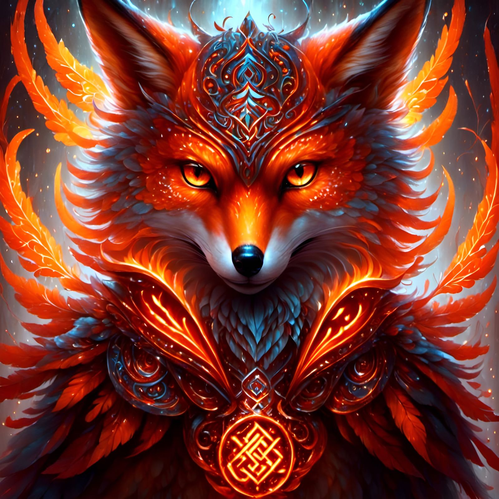 Fox, Owl, and Phoenix Hybrid with Glowing Runes