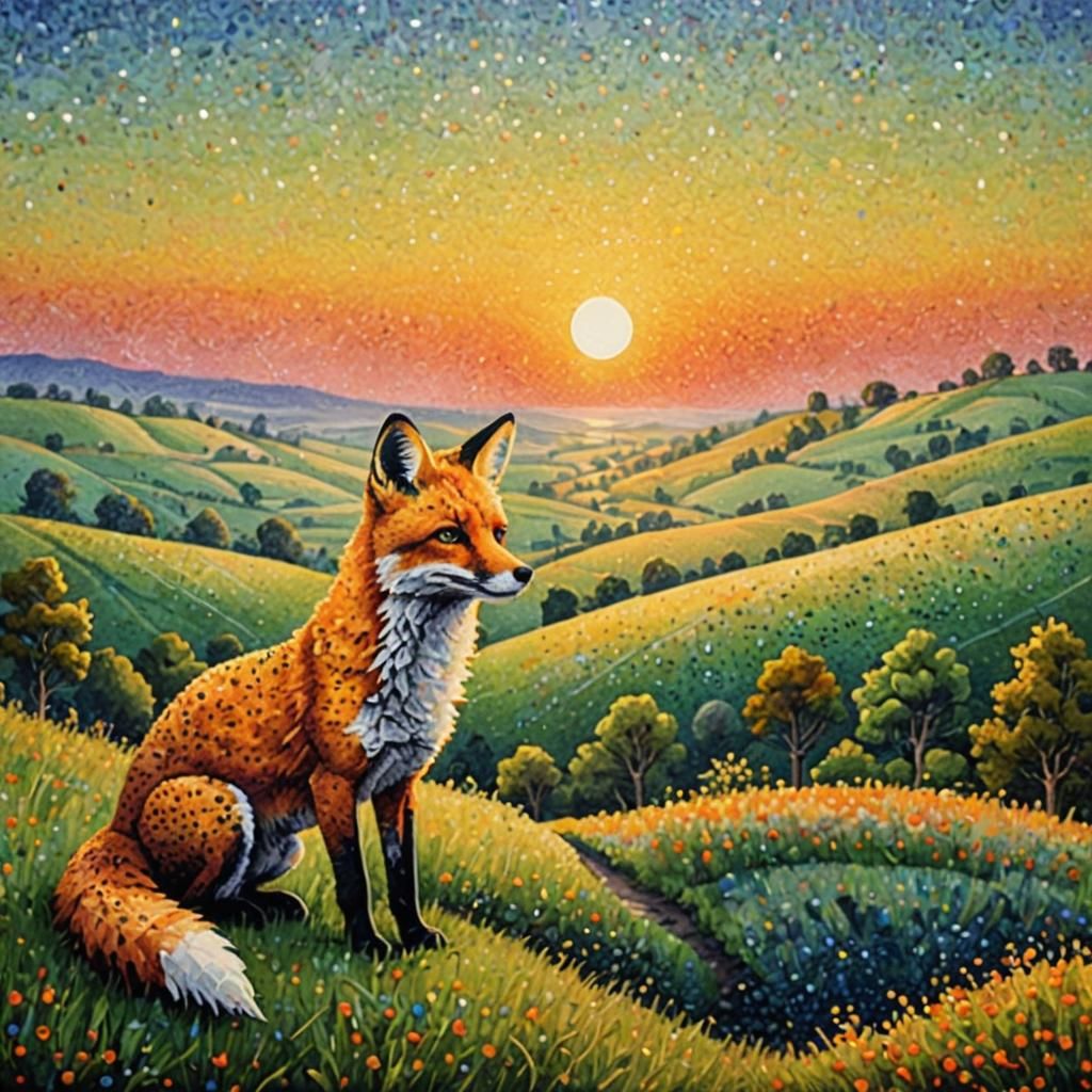 Pointillist Fox Captures Sunset Landscape