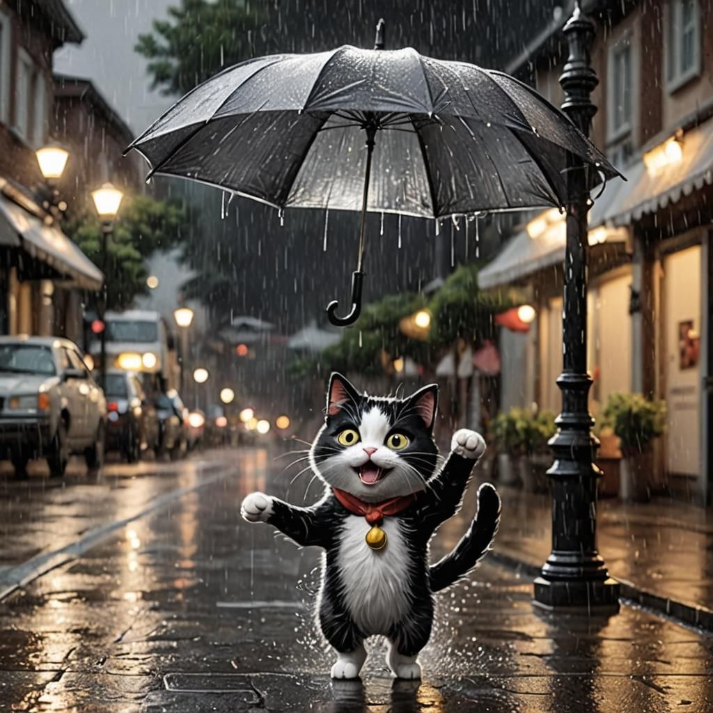 Cat Dancing in the Rain with Umbrella