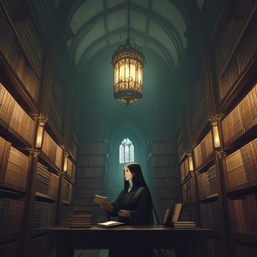 Serene Scholar in a Mystical Library