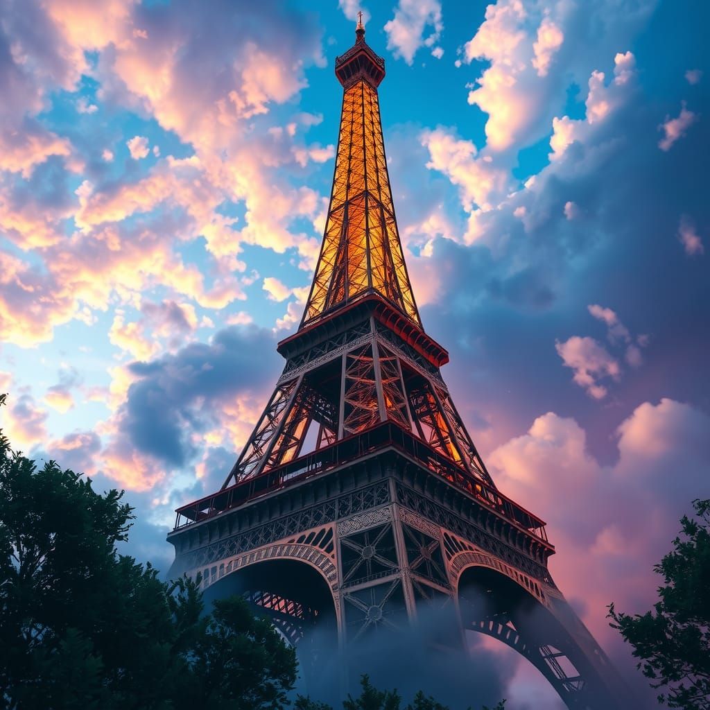 Eiffel Tower in Dreamlike Fantasy Landscape
