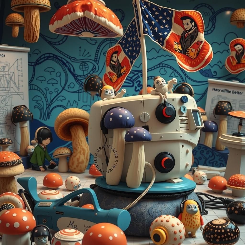 Whimsical Mushroom Convention with Chewing Gum Bureaucrats