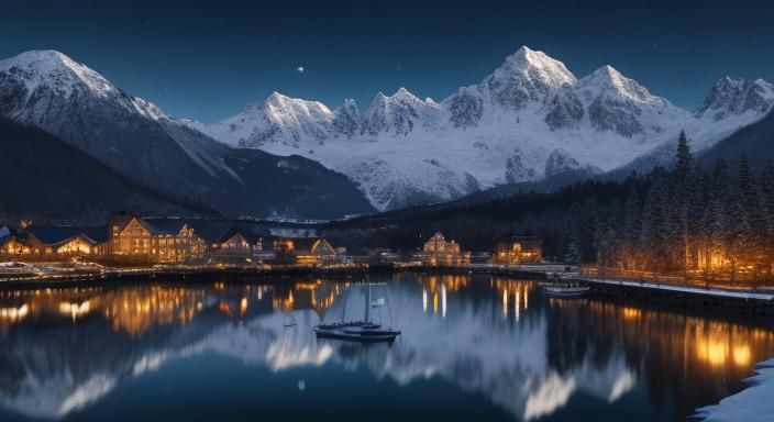 Night Harbor Scene with Mountain Backdrop