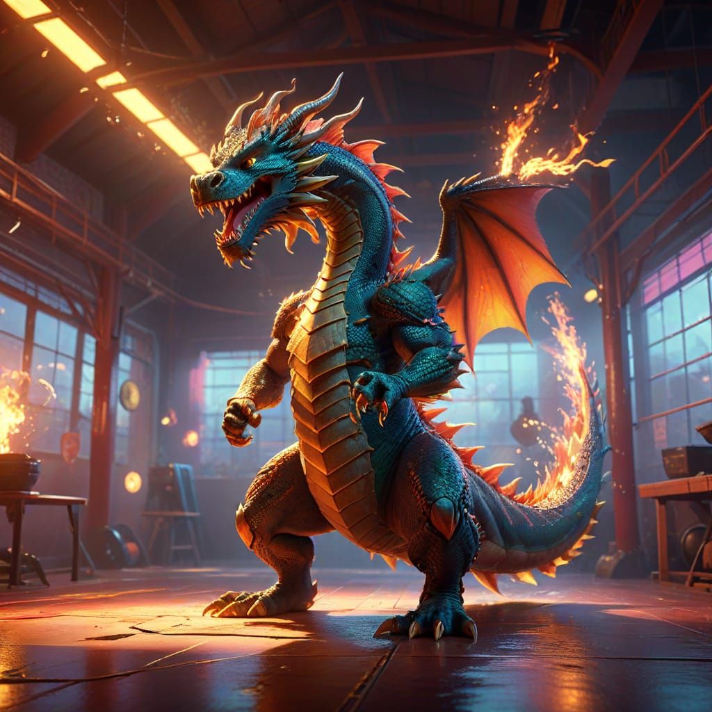Dragon Karate in Gym: Vibrant Digital Concept Art