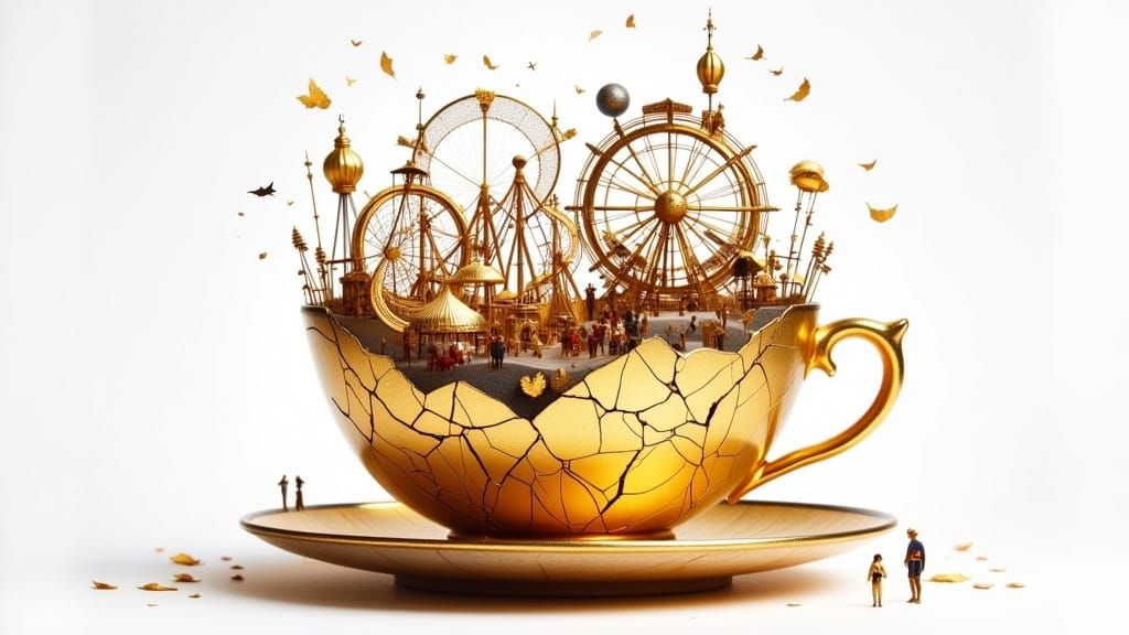 Kintsugi Teacup Amusement Park in Watercolor Style