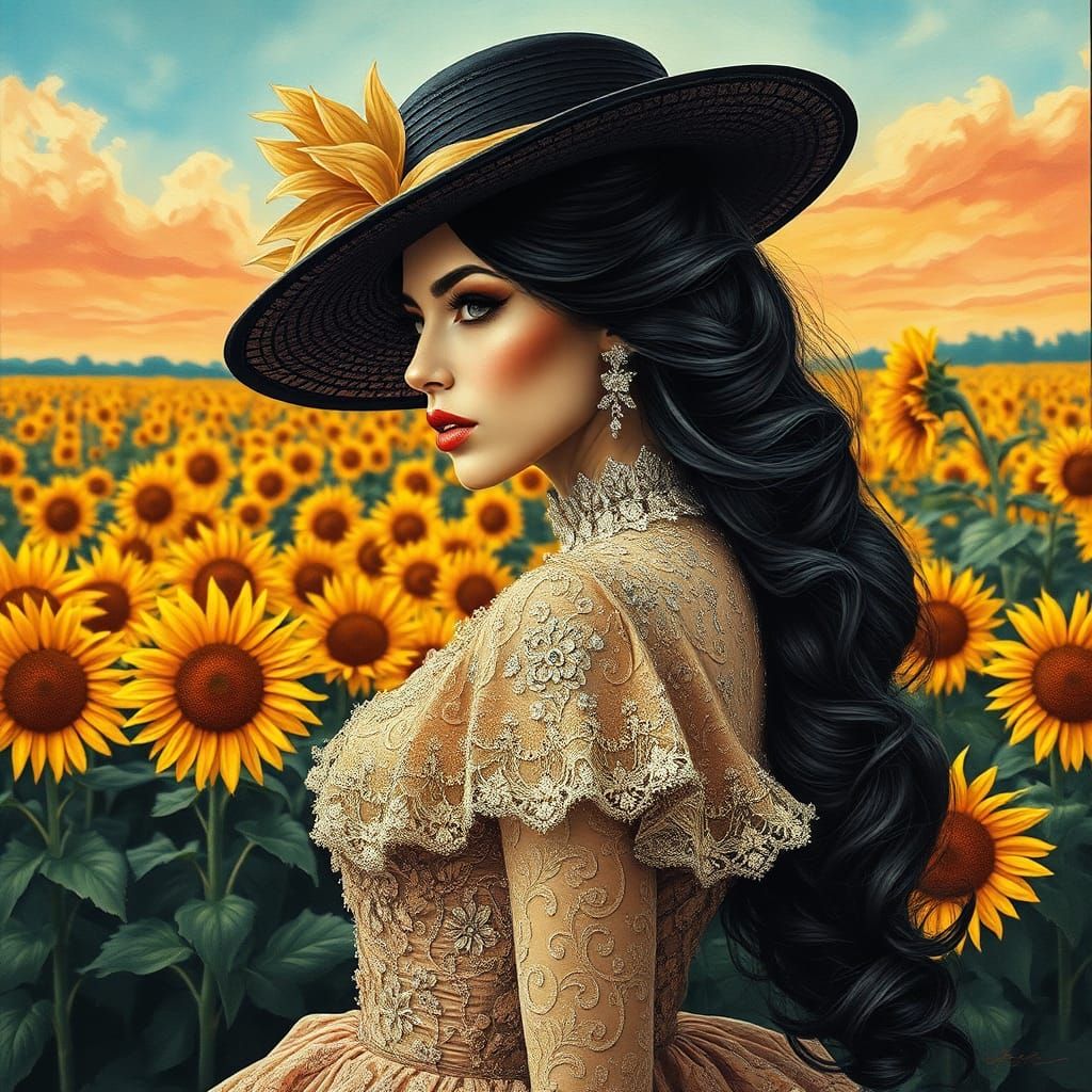Woman in Haute Couture Gown near Sunflowers as Impasto Paint...