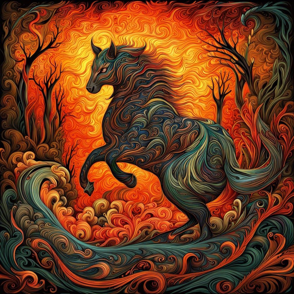 Fiery Cat Versus Abstract Horse in Forest