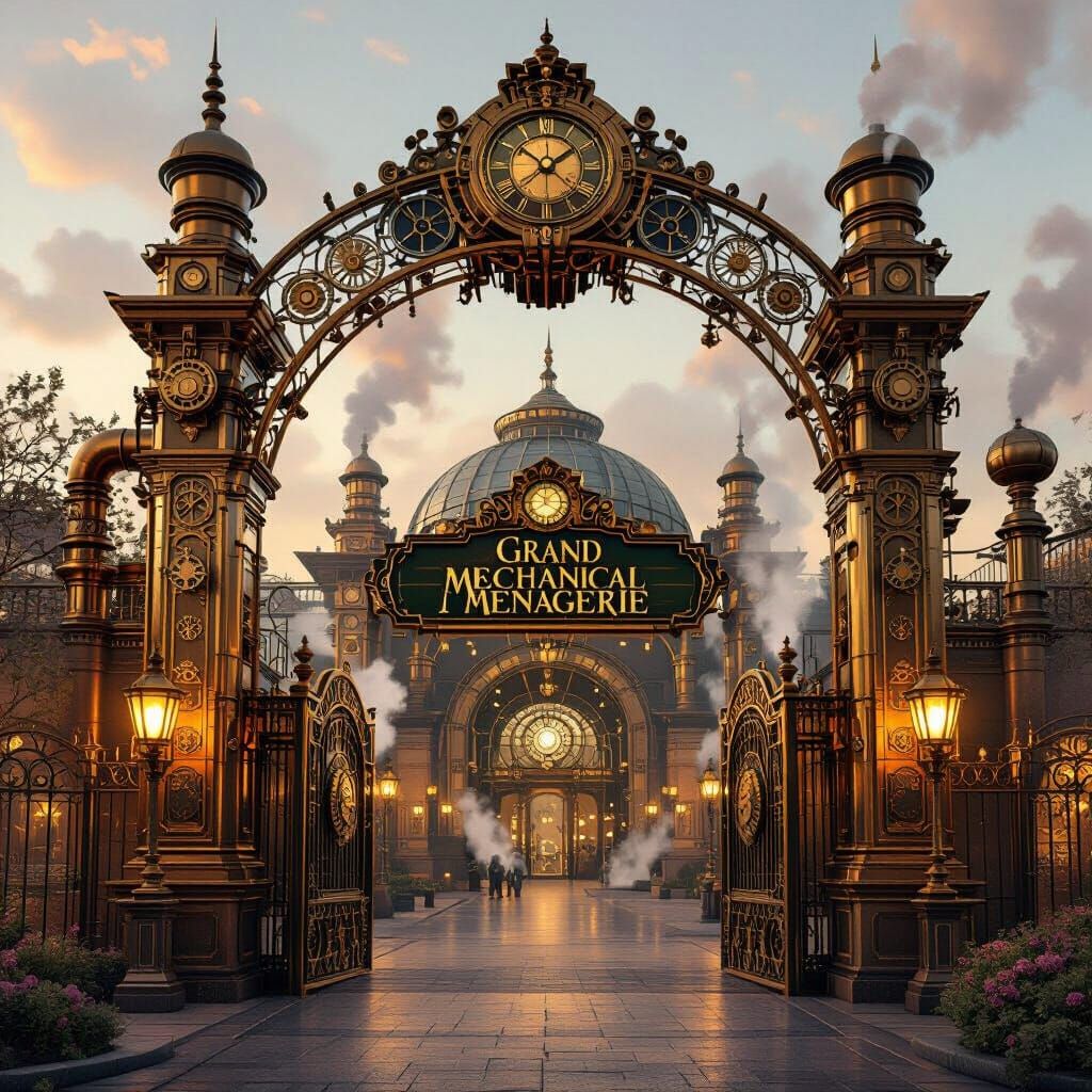 Steampunk Zoo Entrance with Gears and Steam