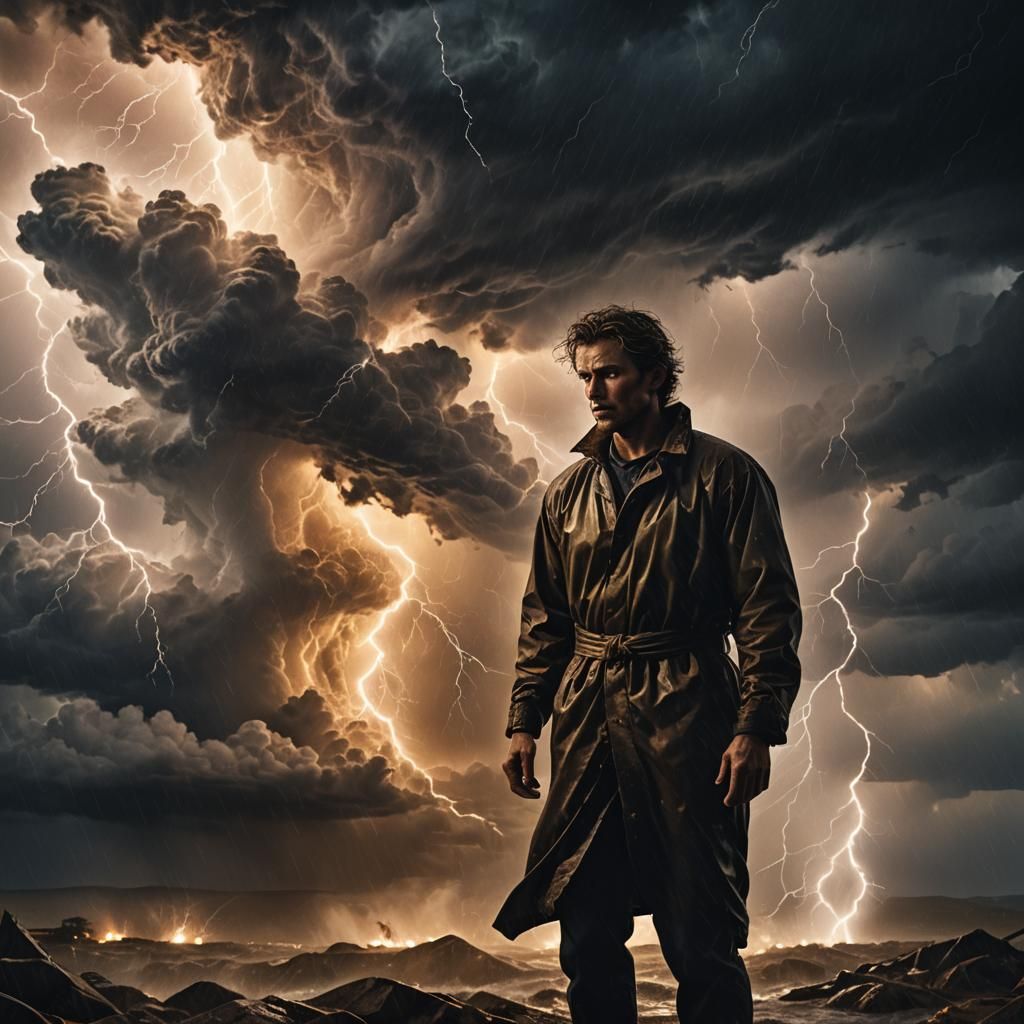 Lone Figure in Storm with Golden Aura