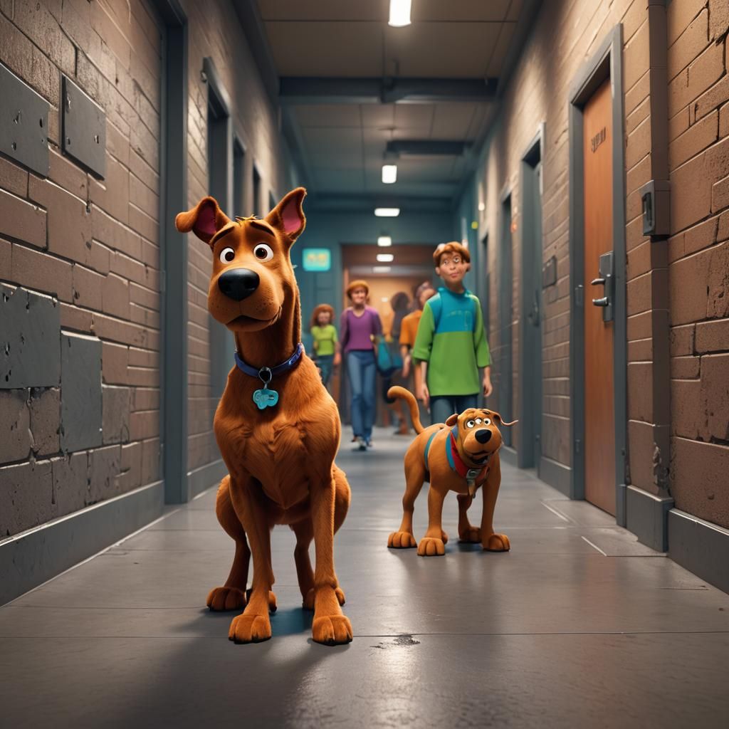 Scooby Doo in Empty Corridor: Pixar-Style 3D Art