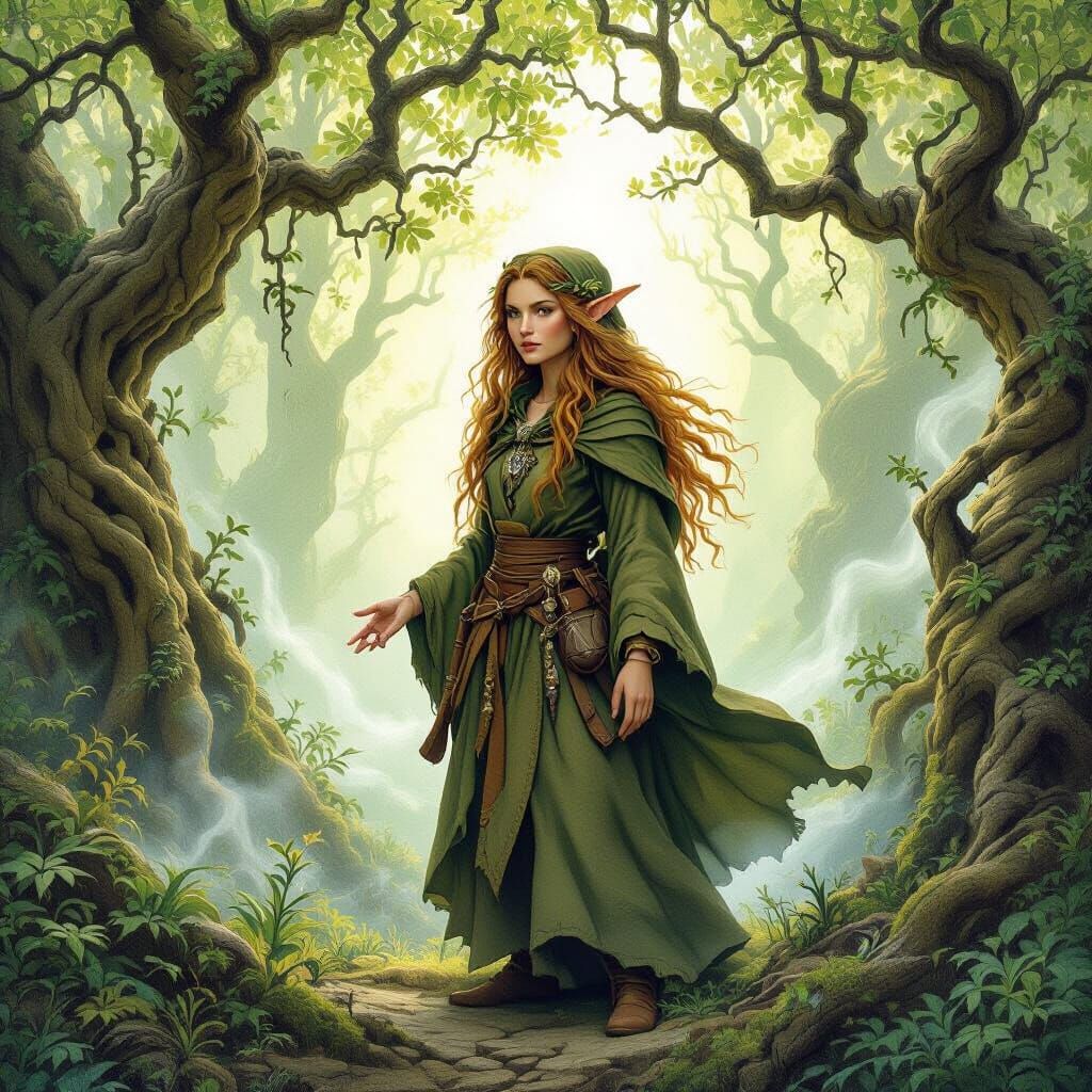 Halfling Druid in Mystical Forest, Fantasy Art