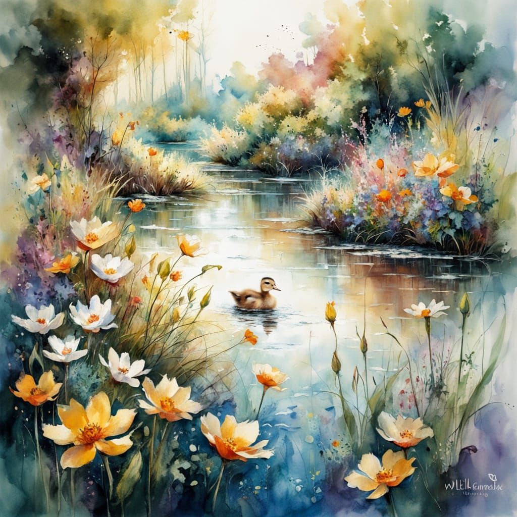 Playful Duckling in Sunlit River Garden