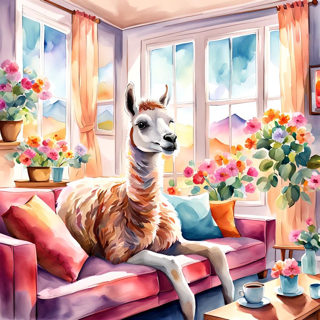 Lama Relaxing in Cozy Living Room, Watercolor Style