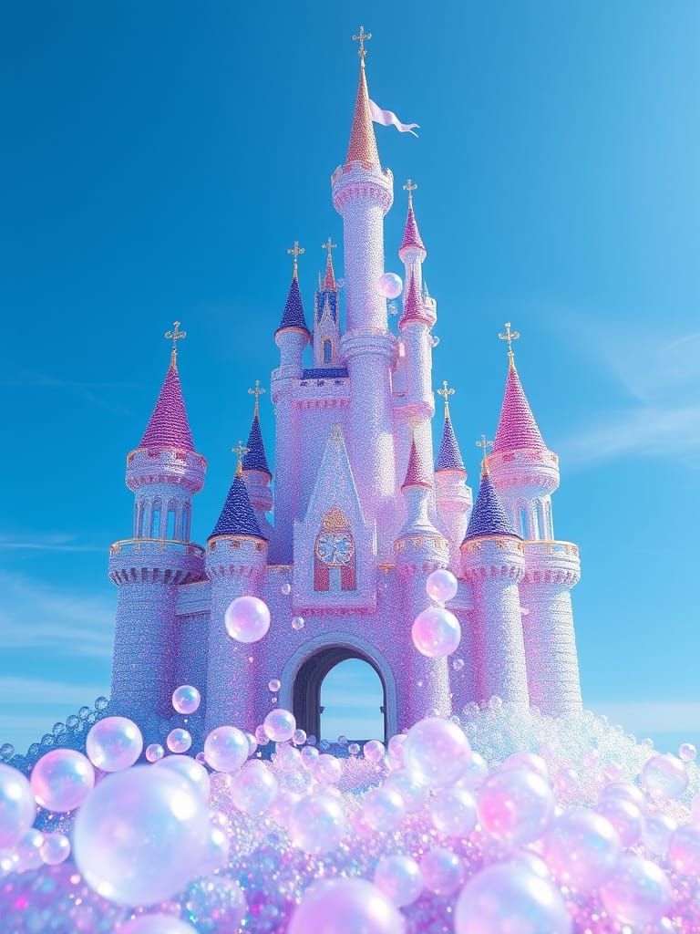 Iridescent Bubble Castle Under Blue Sky
