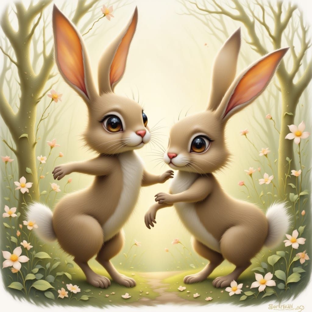 Whimsical Rabbits Dancing in a Golden Fantasy World