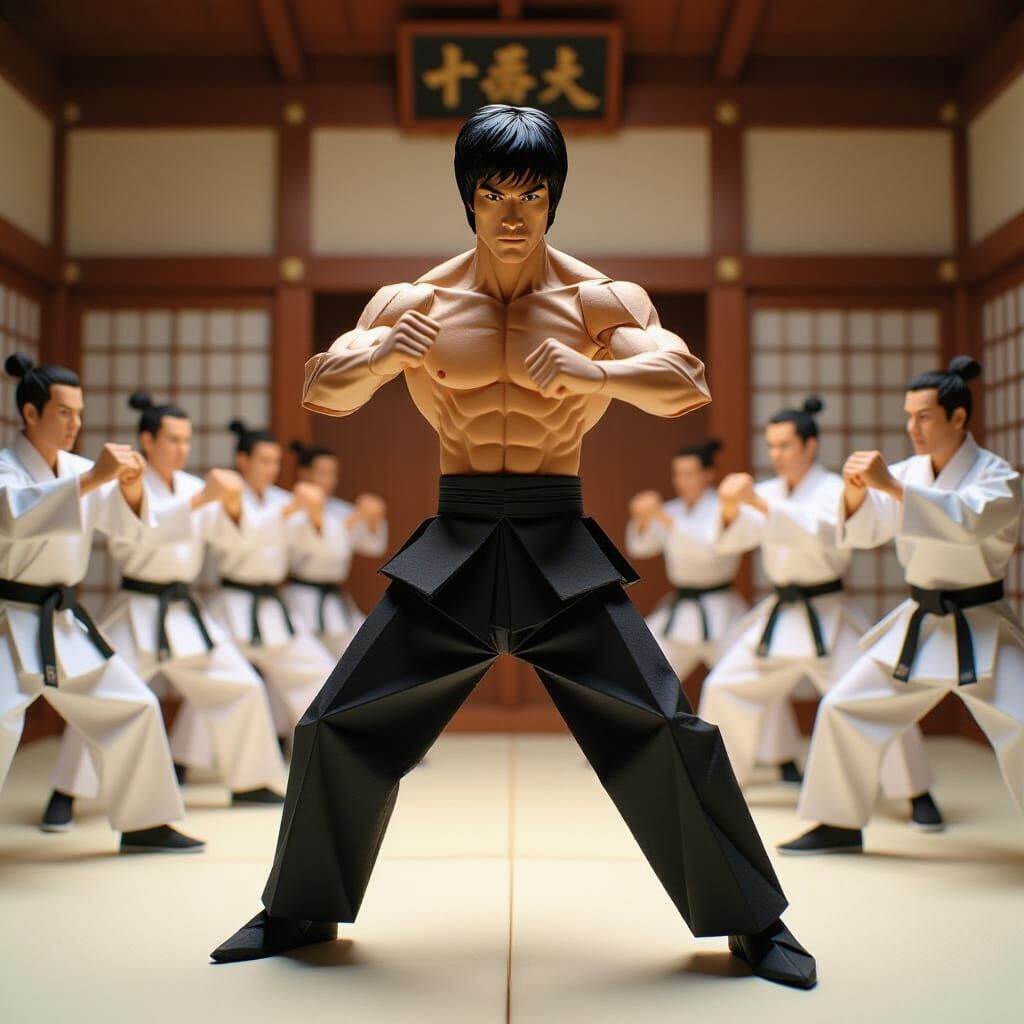Bruce Lee Origami Figure Surrounded by Warriors