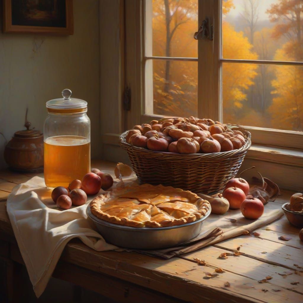 Cozy Autumn Kitchen Scene as Oil Painting